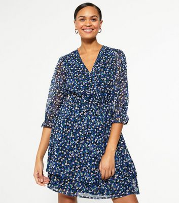 Blue Ditsy Floral Belted Tiered Wrap Dress | New Look